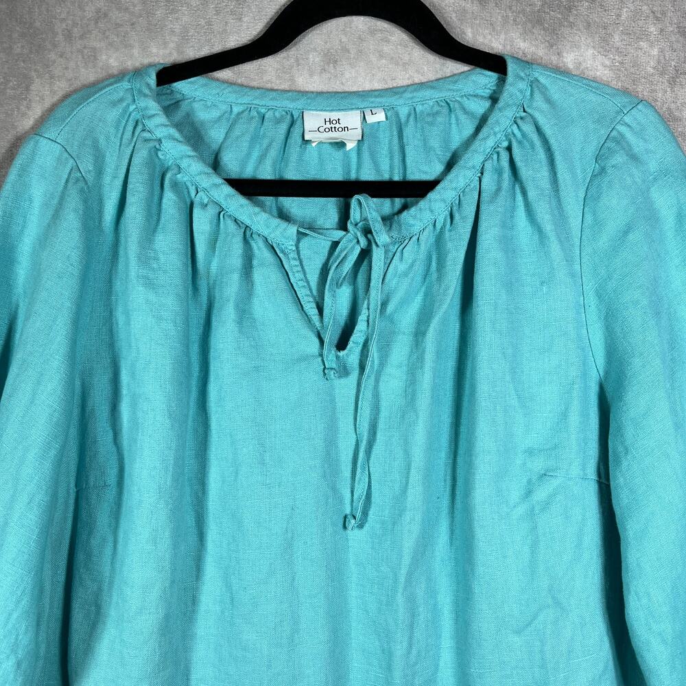 Hot Cotton Top Womens Large Green Linen‎ 3/4 Sleeve Tunic Tie Neck Casual Travel - Picture 2 of 9